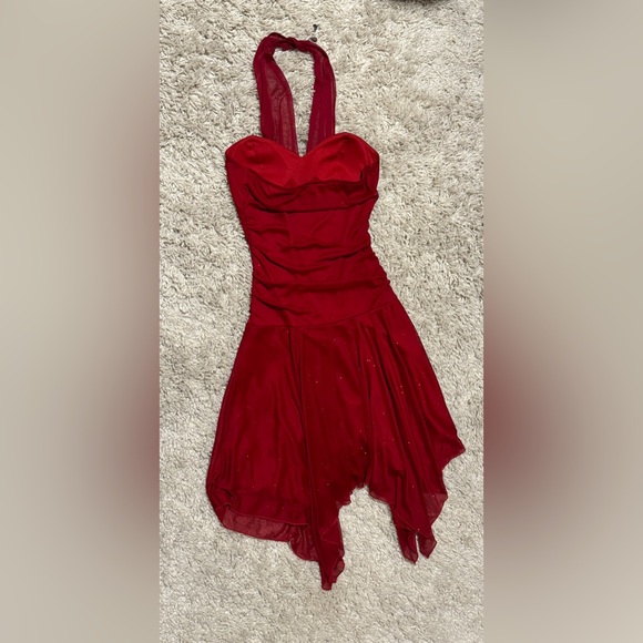 Y2K Holiday Red Asymmetrical Scarf Halter Dress Red Sparkles read caption - Picture 6 of 10